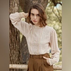 Lace Trim High-Neck Cream Blouse